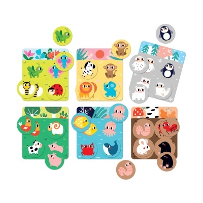 Conjunto de puzzles infantis coloridos com desenhos de diversos animais em fundo colorido.