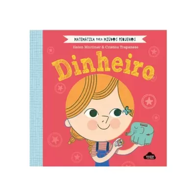Capa de livro infantil 'Dinheiro' com ilustração de menina e mealheiro azul