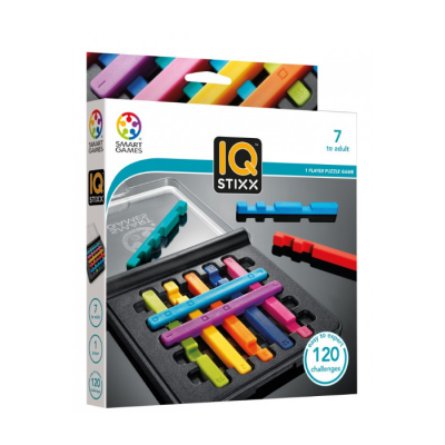Jogo IQ Stixx Smart Games com peças coloridas em base preta e embalagem