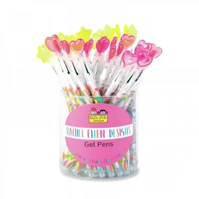 Recipiente transparente com canetas de gel decoradas com tampas em forma de coração