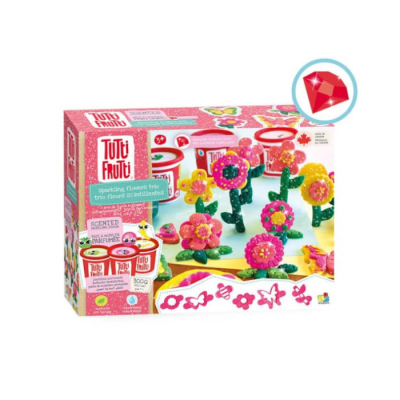 Conjunto Tutti Frutti com flores coloridas de bioplástico e embalagem rosa