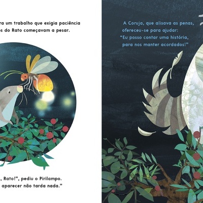 Páginas ilustradas de livro infantil com rato e coruja em ambiente natural