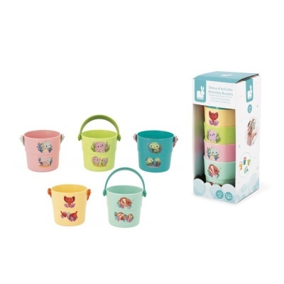 Conjunto de cinco baldes coloridos com desenhos de animais e embalagem