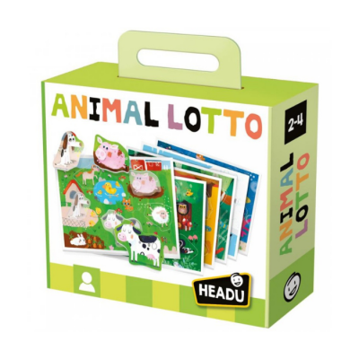 Jogo de tabuleiro Animal Lotto com imagens de animais numa caixa verde