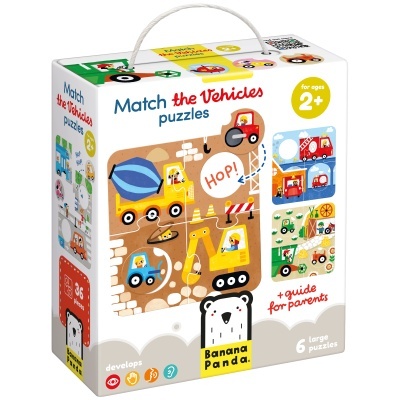 Caixa de puzzle infantil Match the Vehicles com imagens coloridas de veículos