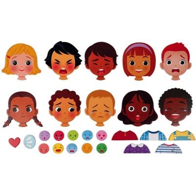 Ilustração de rostos infantis com várias expressões e ícones de emoções