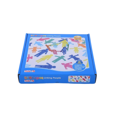 Caixa azul com figuras de plástico coloridas em forma de pessoas interligadas