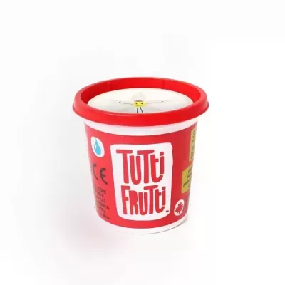 Embalagem vermelha e branca de produto Tutti Frutti com tampa vermelha