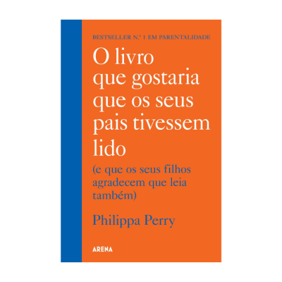 Capa de livro laranja com faixa azul e texto branco e azul