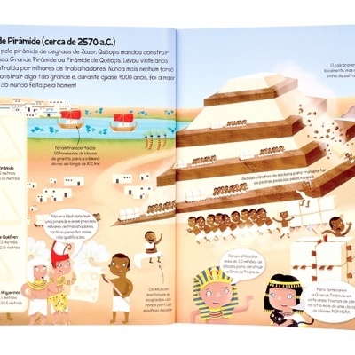 Página de livro infantil com ilustração colorida de história sobre a construção da Grande Pirâmide no Egito antigo.