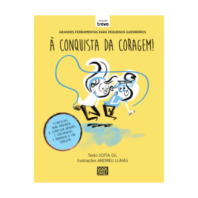 Capa amarela de livro com ilustração de duas crianças e texto em preto e azul.