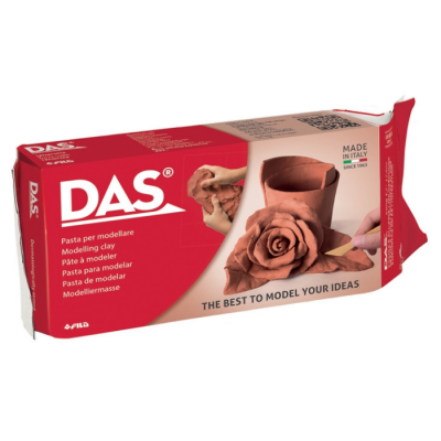 Massa para modelar DAS em embalagem vermelha e bege com imagens e texto
