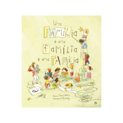 Capa de livro infantil com ilustrações de crianças e texto sobre família