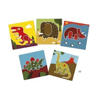 Cinco cartões com desenhos de dinossauros e mamute em fundo colorido