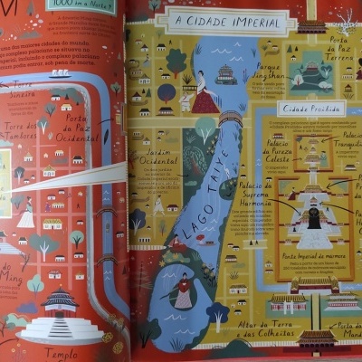 Mapa ilustrado colorido com templos, lagos e textos em português