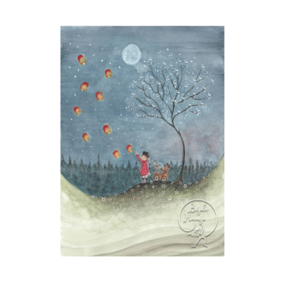 Ilustração de criança com carrinho e árvore sob céu noturno com lua e balões