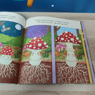 Livro infantil aberto com ilustração de cogumelos vermelhos com pontos brancos e texto em português.