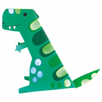 Boneco de dinossauro verde com manchas e bolhas azuis