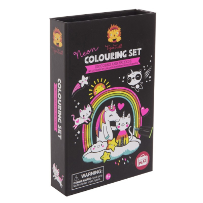 Conjunto de colorir neon preto com desenhos de unicórnios e arco-íris