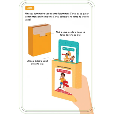 Instruções para uso de cartas com caixa amarela e divisória azul