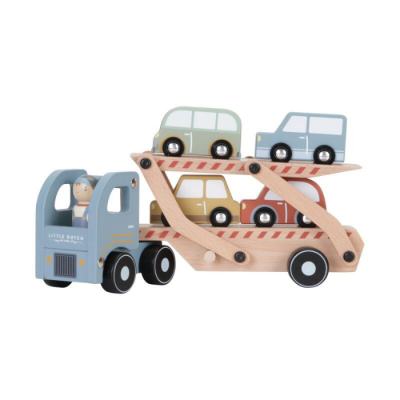 Camião de transporte de madeira azul claro com quatro carrinhos coloridos