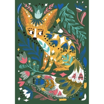 Ilustração colorida de uma raposa estilizada em fundo verde com flores e folhas