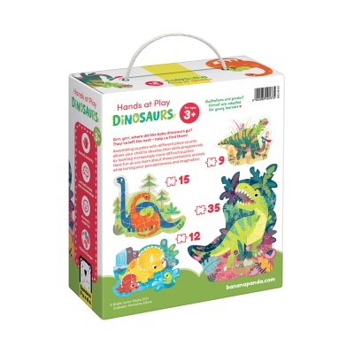 Embalagem colorida de brinquedo Hands at Play DINOSAURS com dinossauros e texto em inglês para crianças a partir de 3 anos
