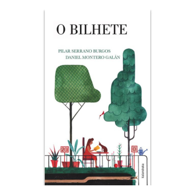 Capa do livro 'O BILHETE' com ilustração de árvores, pessoa sentada e gato.