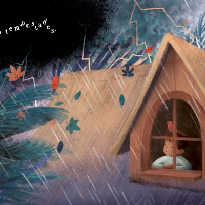 Casa de madeira com telhado de palha numa floresta durante chuva com boneco visível pela janela