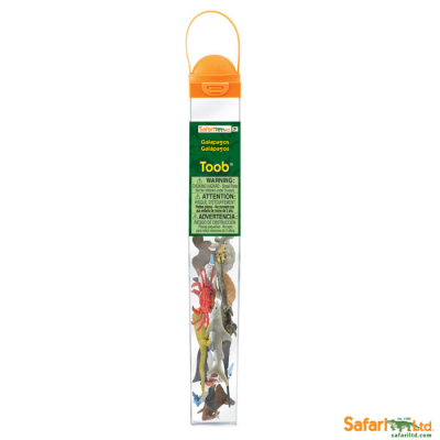 Embalagem de figuras de animais Galápagos com tampa laranja e etiqueta verde