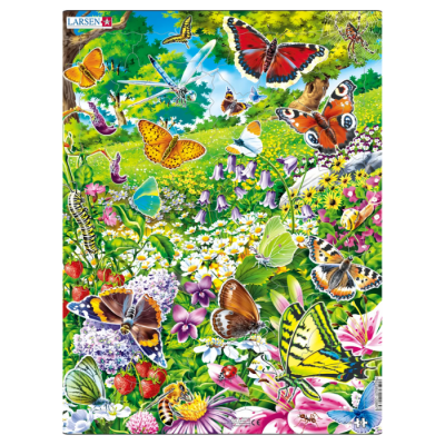 Puzzle colorido com várias borboletas e flores em ambiente natural
