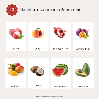 Flashcards de frutas com fotos reais e texto em inglês