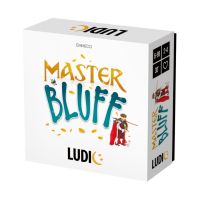 Caixa branca do jogo Master Bluff com texto azul e amarelo e personagem com capa vermelha.