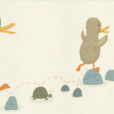 Ilustração de patos cinzentos saltando sobre pedras azuis e pequenas tartarugas num fundo bege com flores.