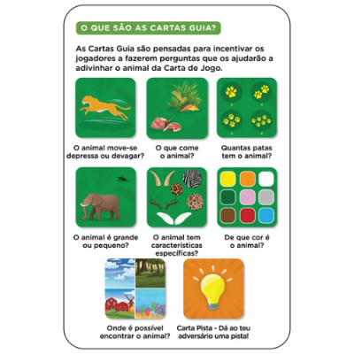 Guia explicativo de cartas de jogo educativas sobre animais com texto e ícones coloridos