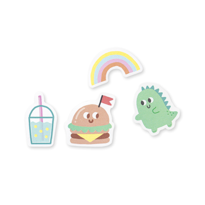 Três autocolantes coloridos de copo, hambúrguer, dinossauro e arco-íris