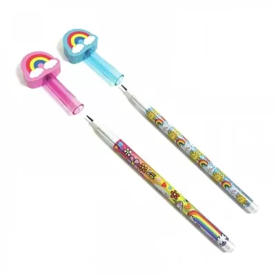 Dois lápis coloridos com capas e tema de arco-íris e flores