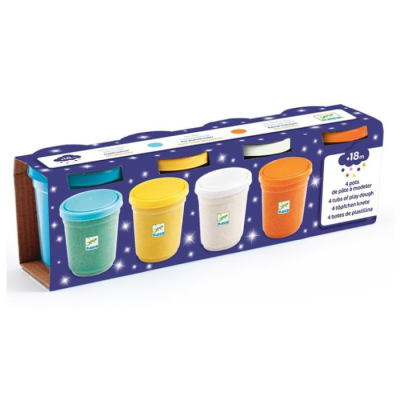 Conjunto de quatro potes de massa de modelar em embalagem azul com estrelas