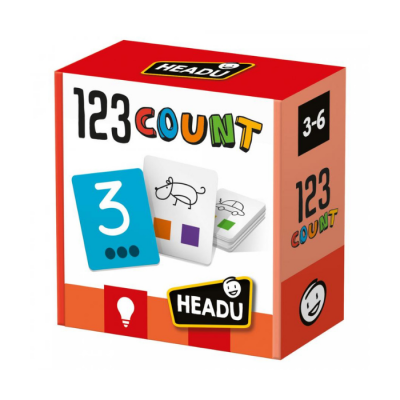 Caixa do jogo educativo 123 COUNT da HEADU com cartas coloridas e indicado para idades de 3 a 6 anos
