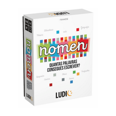 Caixa do jogo de tabuleiro Nomen com design colorido e texto em português.