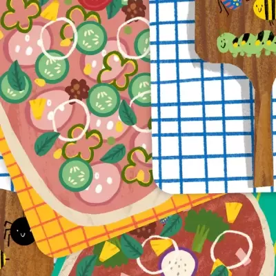 Ilustração colorida de quatro pizzas com ingredientes variados sobre toalhas xadrez.