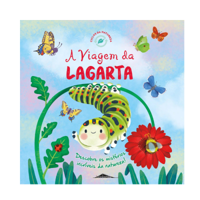 Capa de livro infantil com lagarta, borboletas e texto em português