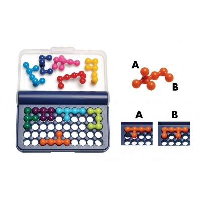 Jogo de tabuleiro com peças coloridas em plástico e exemplo de posicionamento de peça laranja.