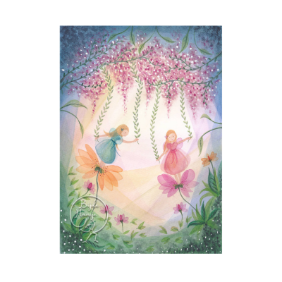 Ilustração de duas fadas em balanços feitos de flores em cenário floral colorido