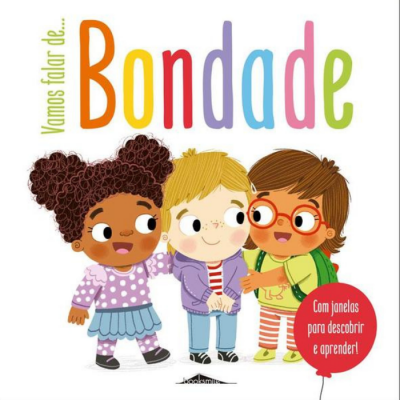 Capa de livro infantil com três crianças e texto sobre bondade