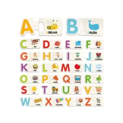 Peças de puzzle de letras do alfabeto em madeira com imagens e texto em português