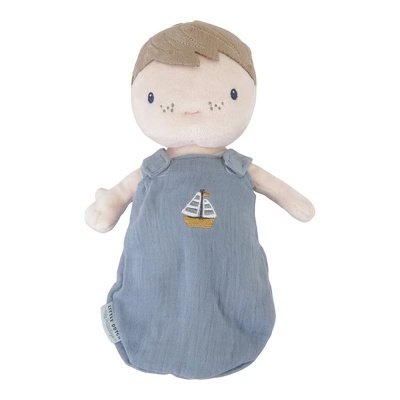 Boneco de peluche com vestido azul e barco bordado