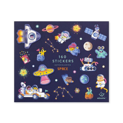 Folha de autocolantes tema espaço com 160 adesivos coloridos de astronautas, planetas e constelações em fundo azul escuro.