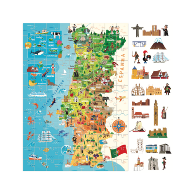 Puzzle desmontado de mapa ilustrado de Espanha e Portugal com imagens coloridas de monumentos e cultura