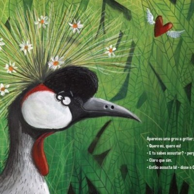 Ilustração colorida de pássaro com texto em português num fundo de folhas verdes